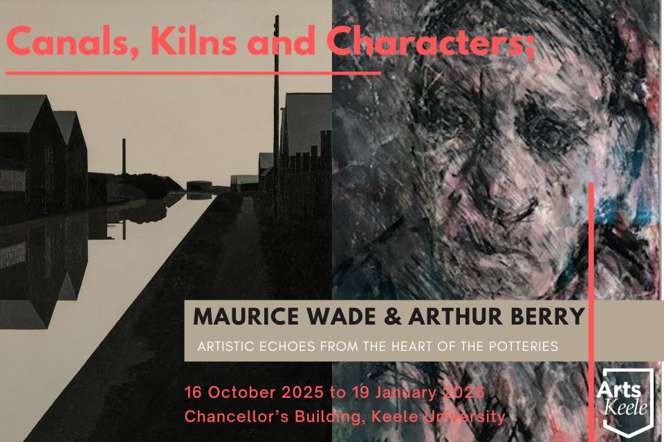 An exhibition graphic image containing paintings by Maurice Wade and Arthur Berry overlaid with text